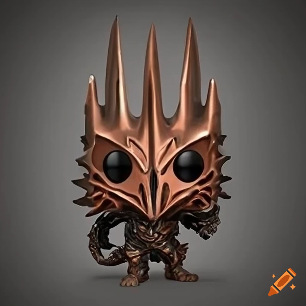 Funko pop figurine of Sauron with dark aluminum copper plating and fire flames background
