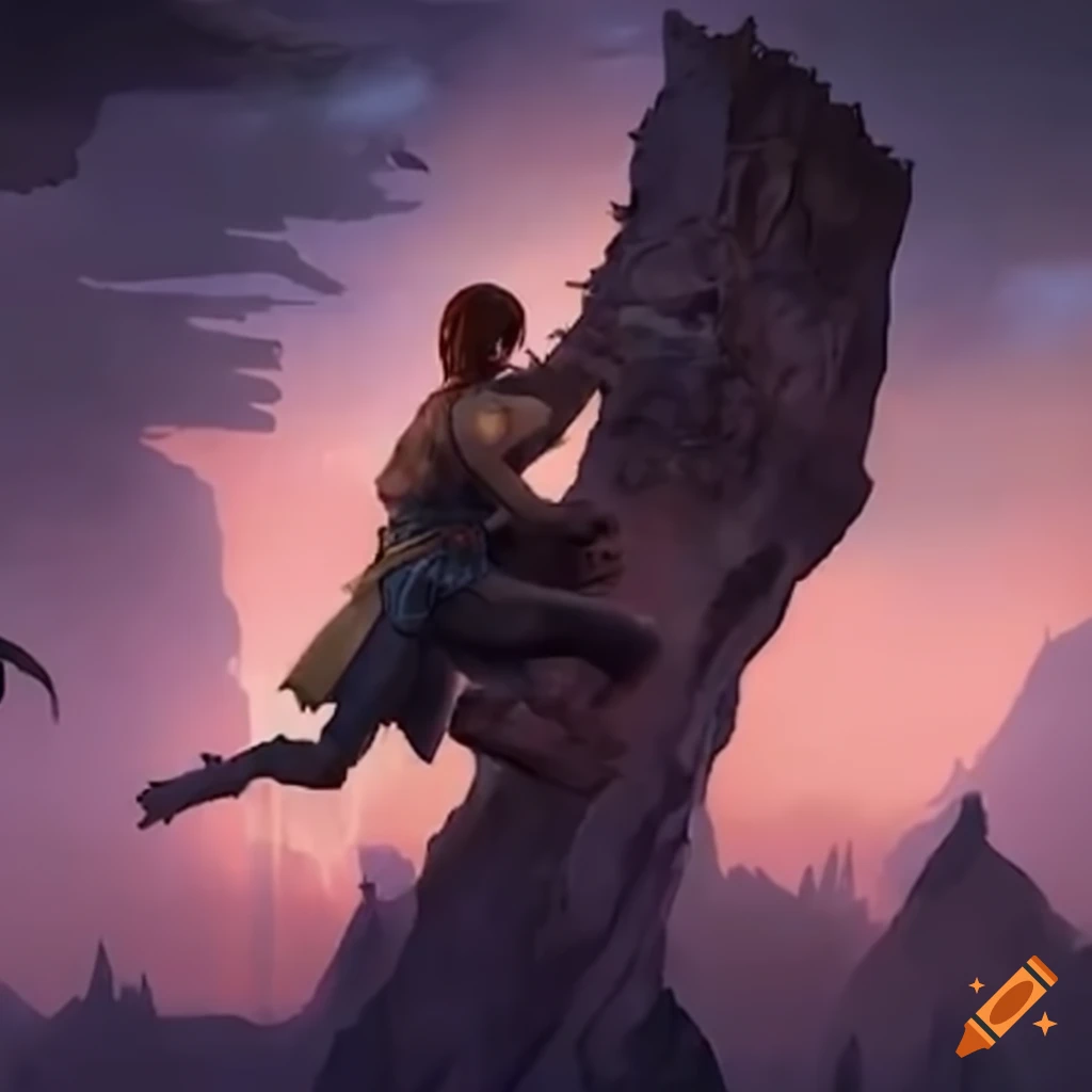 Desperate fantasy adventurer leaping to grab a ledge