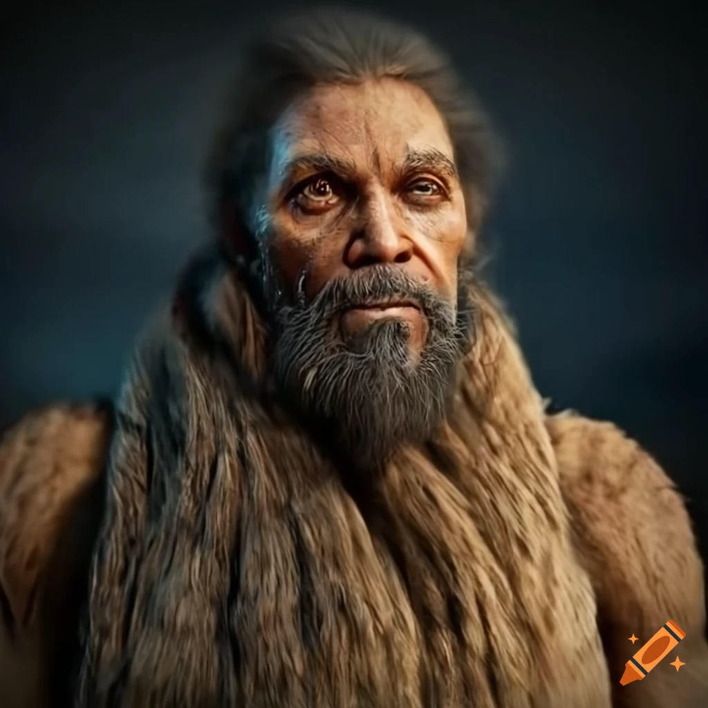 Far Cry Primal themed portrait of Stilgar in primitive furs on a dark background with bokeh, inspired by Dune 2021 and Dune 2024