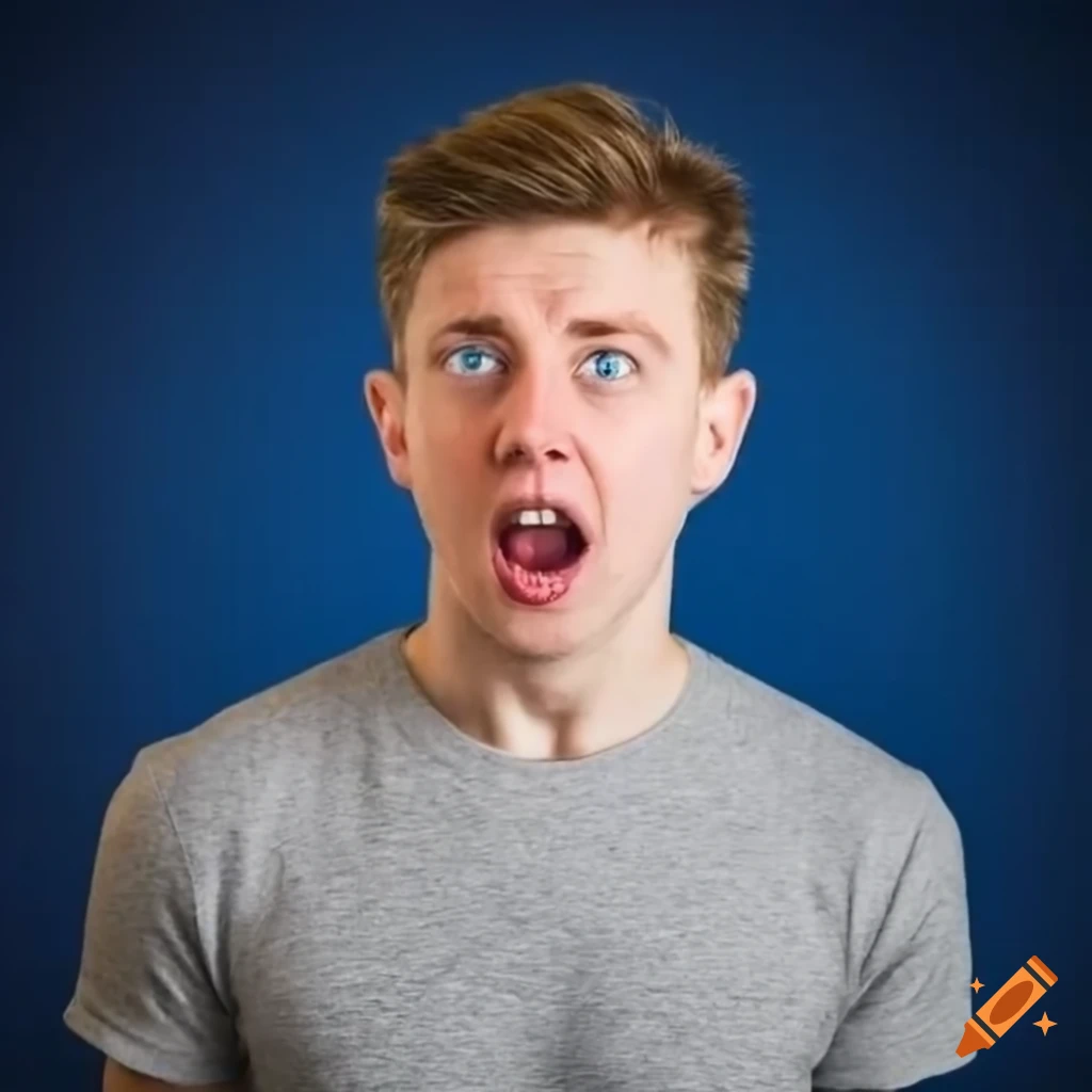 Handsome white guy with blue eyes in a heather gray t-shirt looking terrified