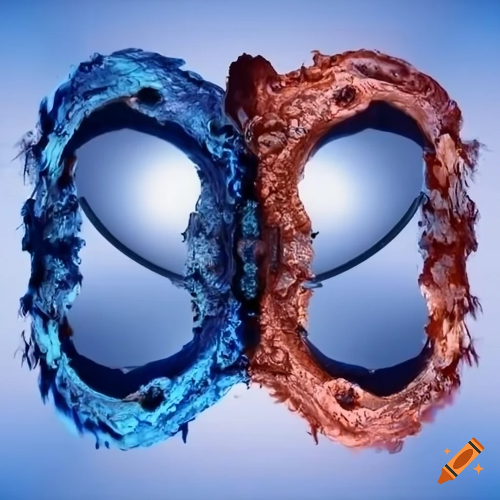 Blueish and reddish mirrors facing each other on a white background on