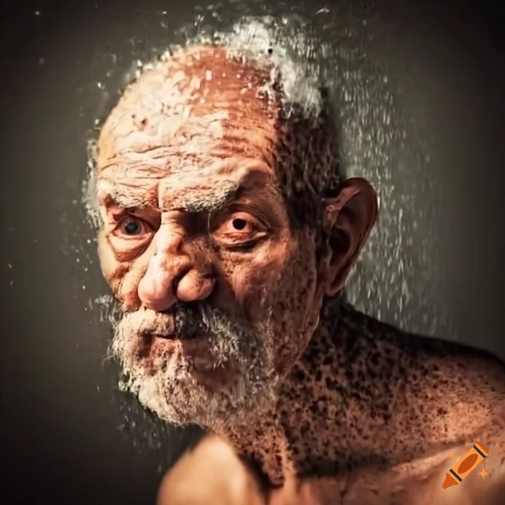 Elderly man writing in a wet spiral notebook in the shower