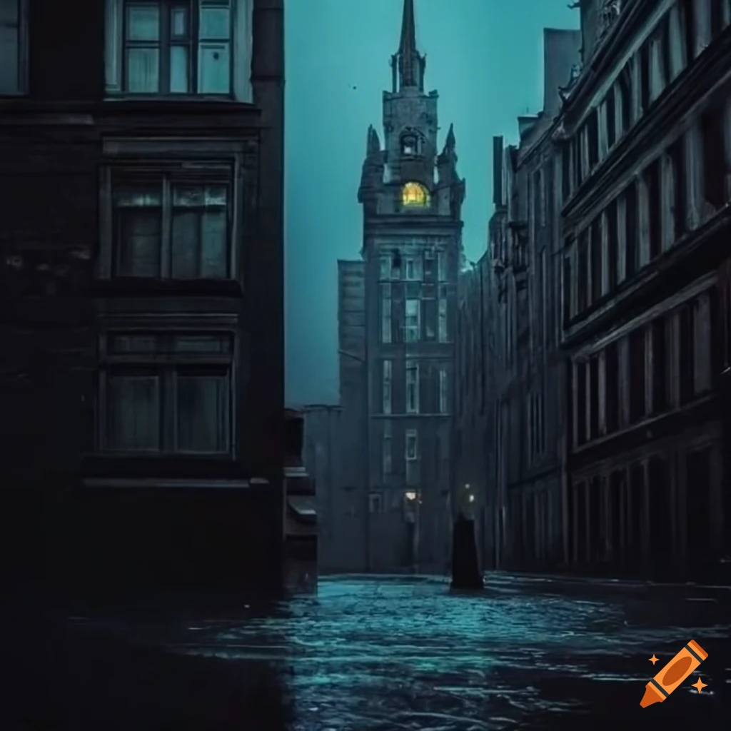 Dark vintage building in the rain at night