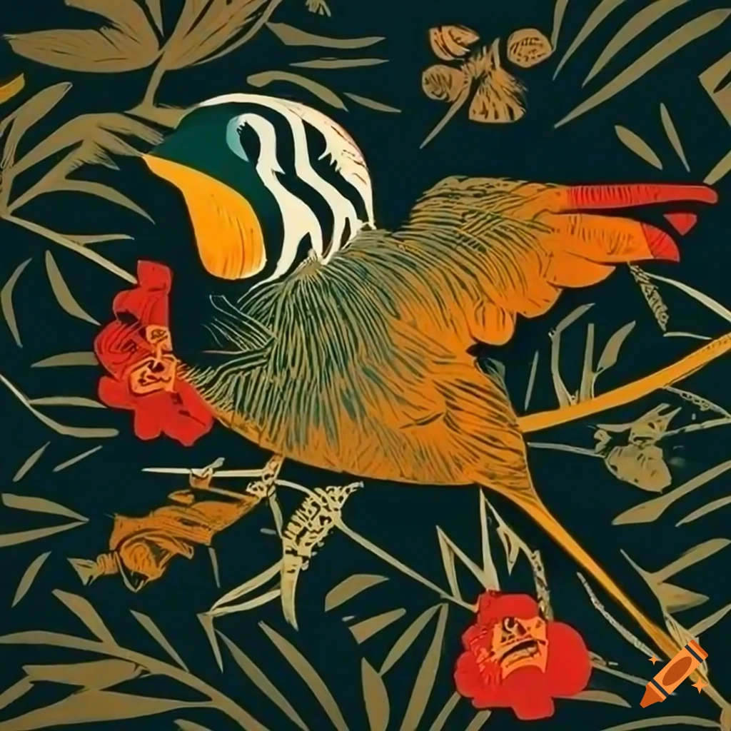 Intricate color woodcut of a wildlife sanctuary by Charley Harper in 8k Ultra High resolution