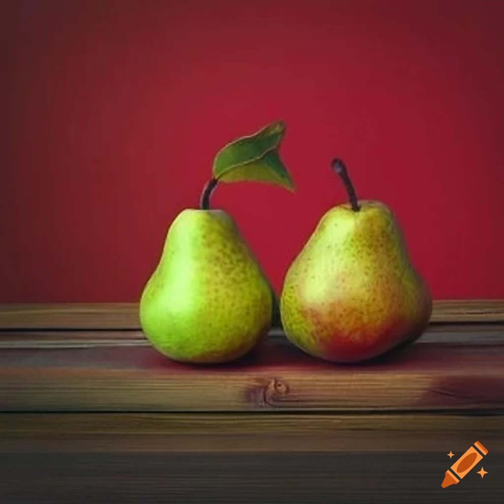 Three pears on a red wooden surface with stems and leaves