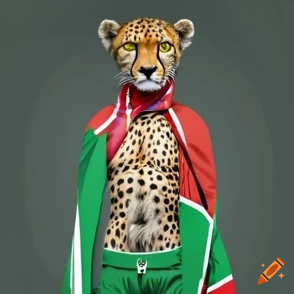 Cheetah in Kenyan tracksuit with gold medal and Olympic flags