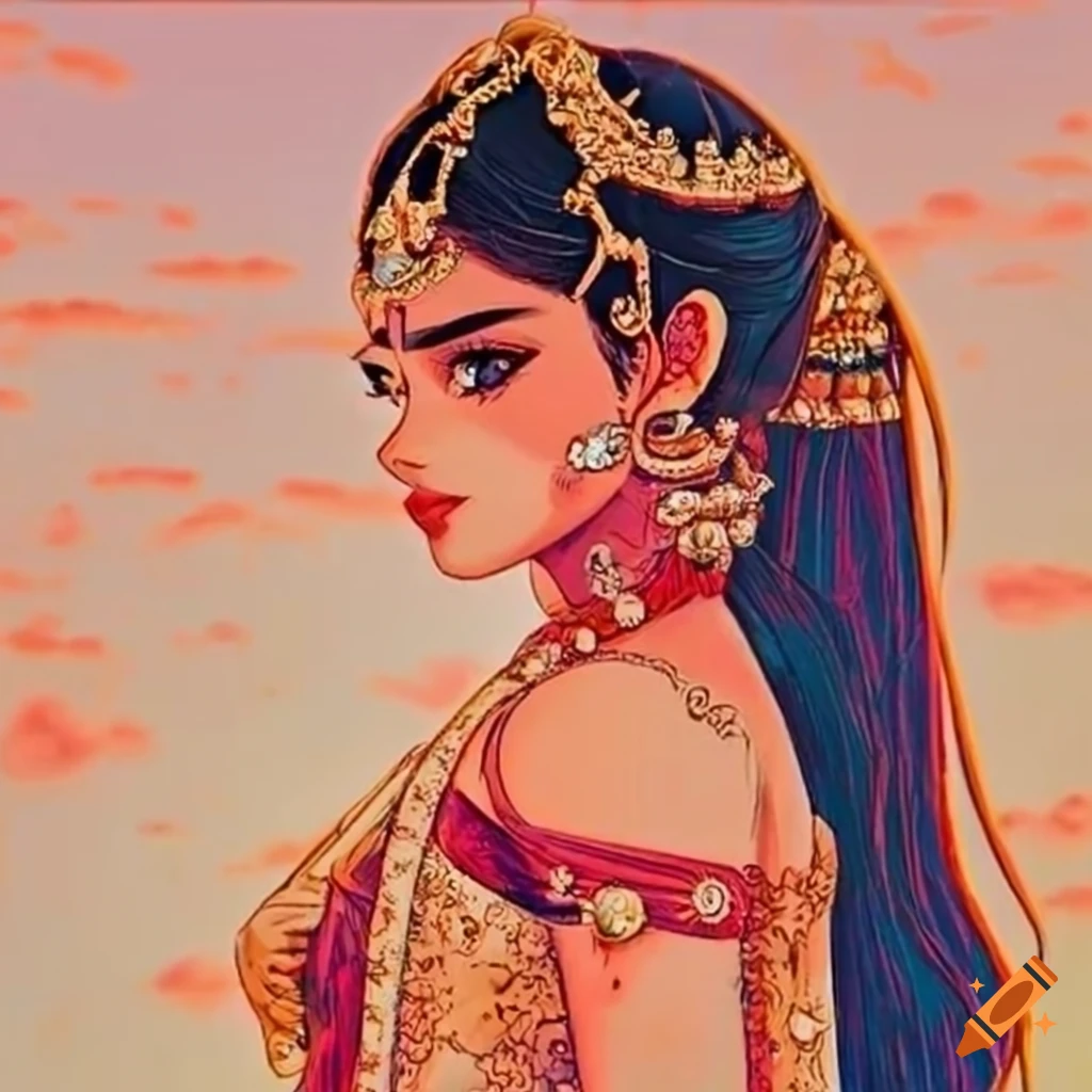 Retro manga style illustration of an Indian princess
