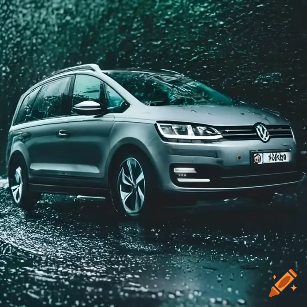 Gray Volkswagen Sharan on a rainy day with Uber driver