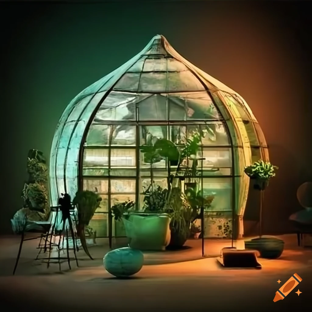 Futuristic greenhouse with exotic plants and vintage spaceships