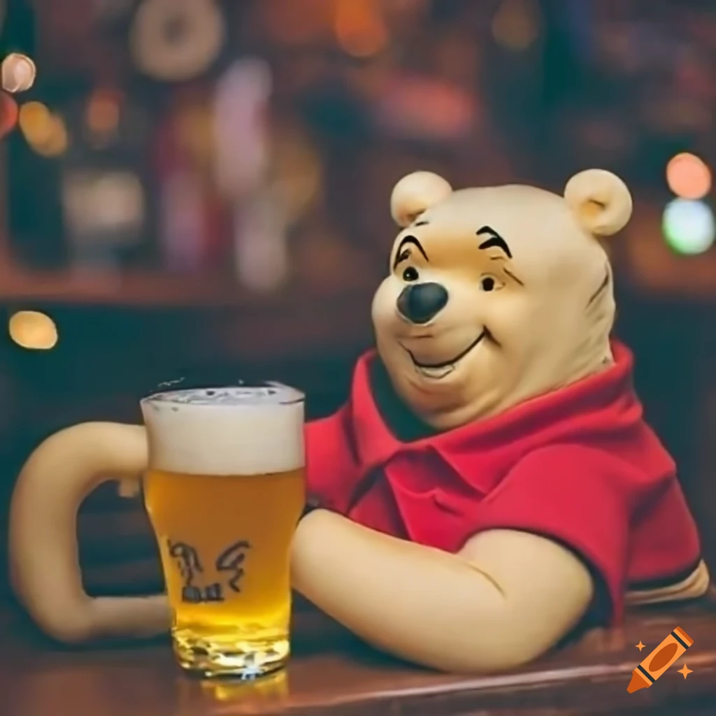Winnie the Pooh in a pub looking messy and depressed with a beer in hand