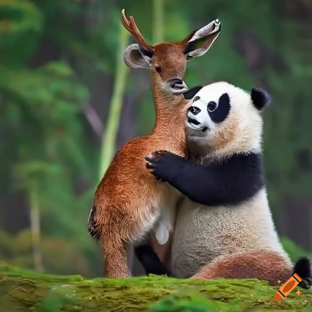 Panda hugging a tall reindeer
