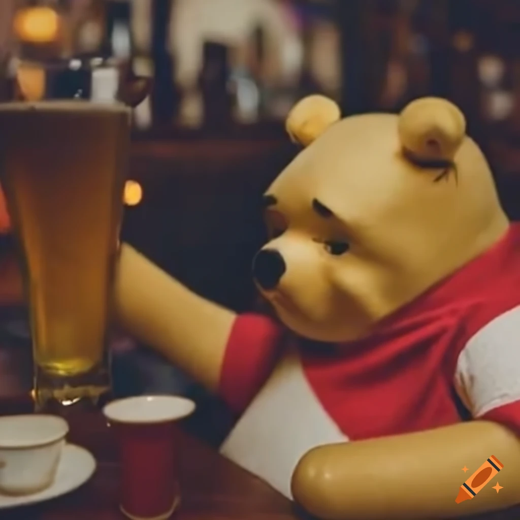 Depressed Winnie the Pooh with a beer in a pub