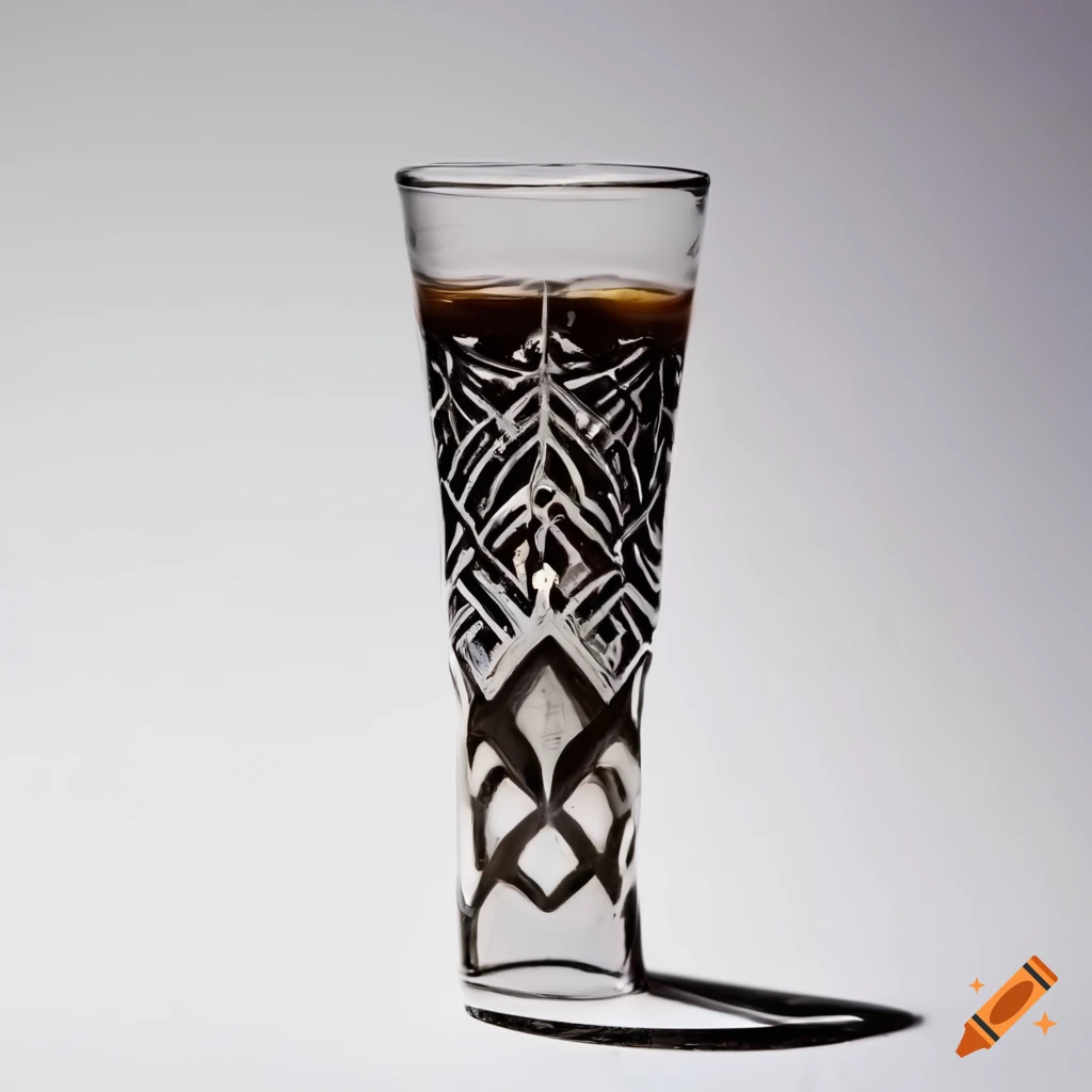 Art-deco shot glass of tequila with intricate designs on white background