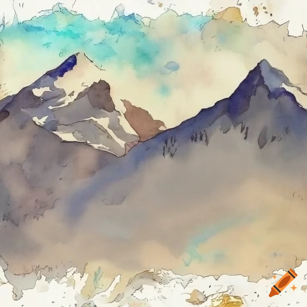 Sketch of climbers on a snowy mountain landscape with peaks and glaciers
