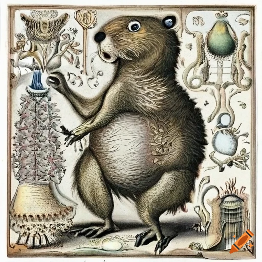 Anthropomorphic beaver god with blue eyes riding a donkey in the style of Haeckel