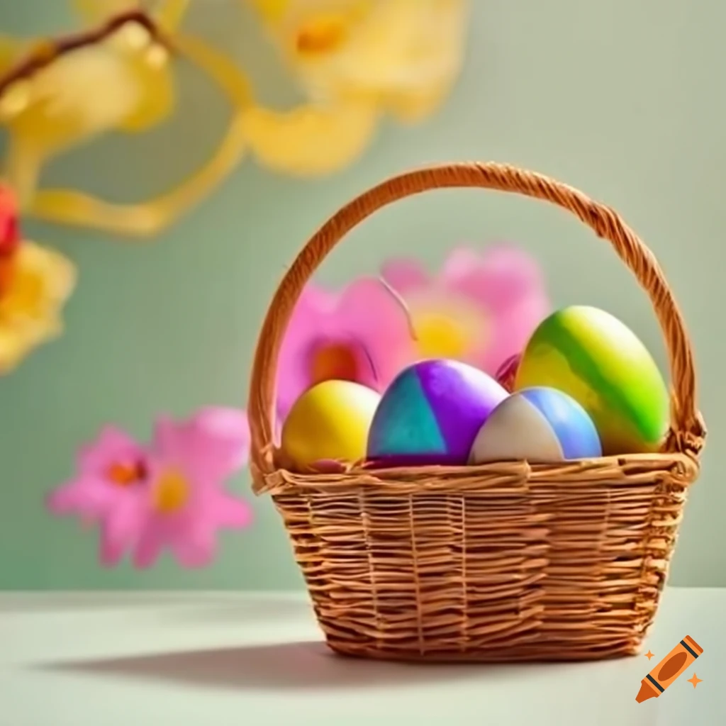 Colorful flowery invite with Easter eggs in baskets