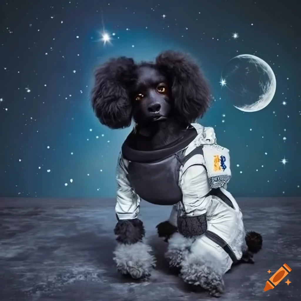 Black poodle in a space suit with moon and stars backdrop