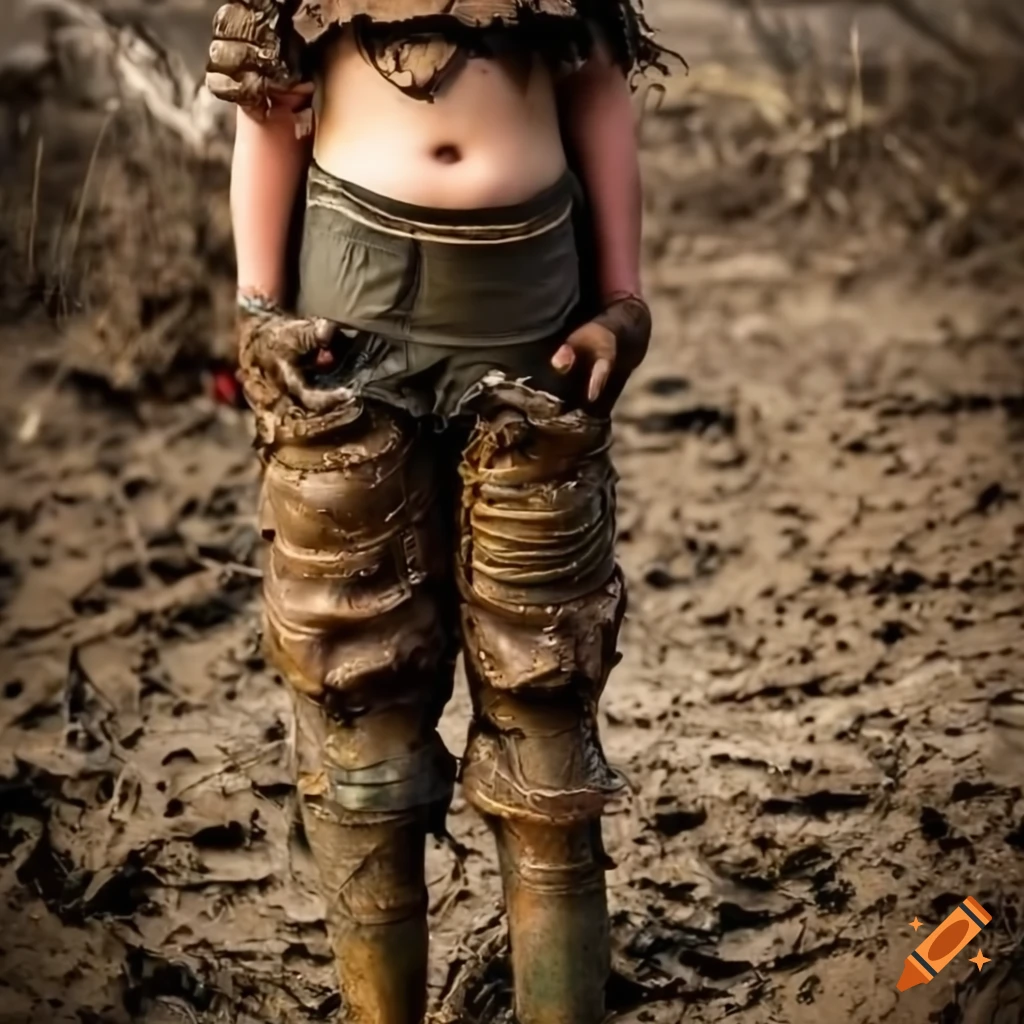 Boys in waders and body armor in post-apocalyptic wasteland mud