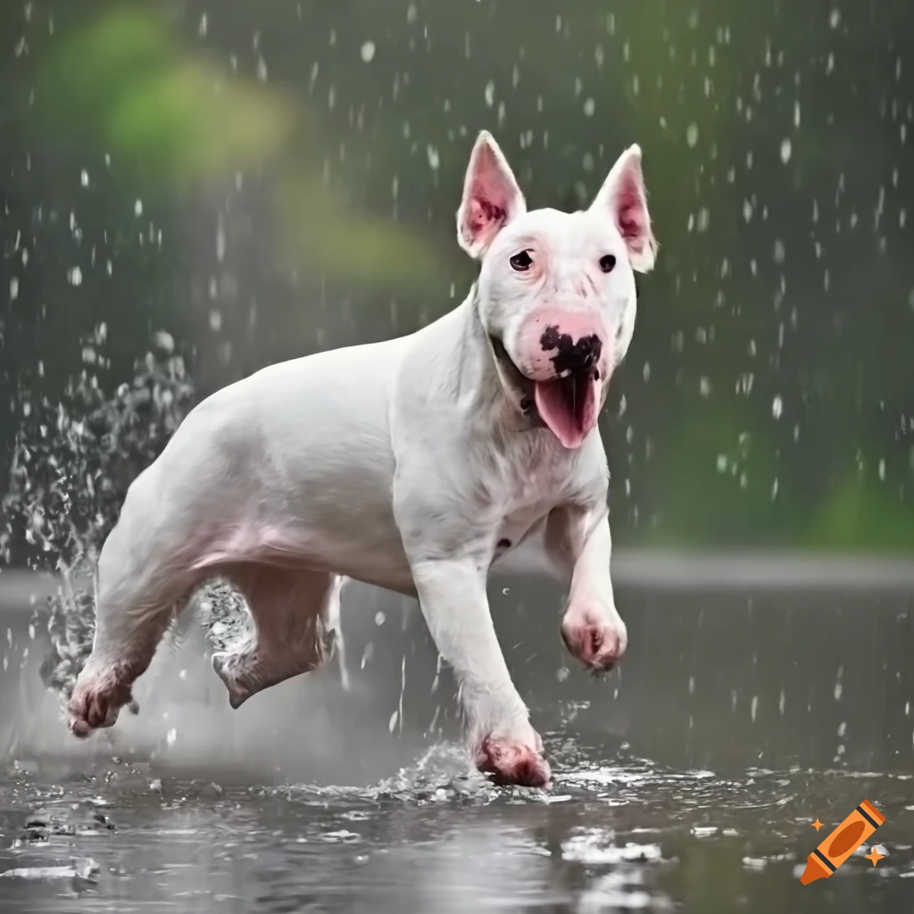 White English bull terrier playing in puddles under heavy rain