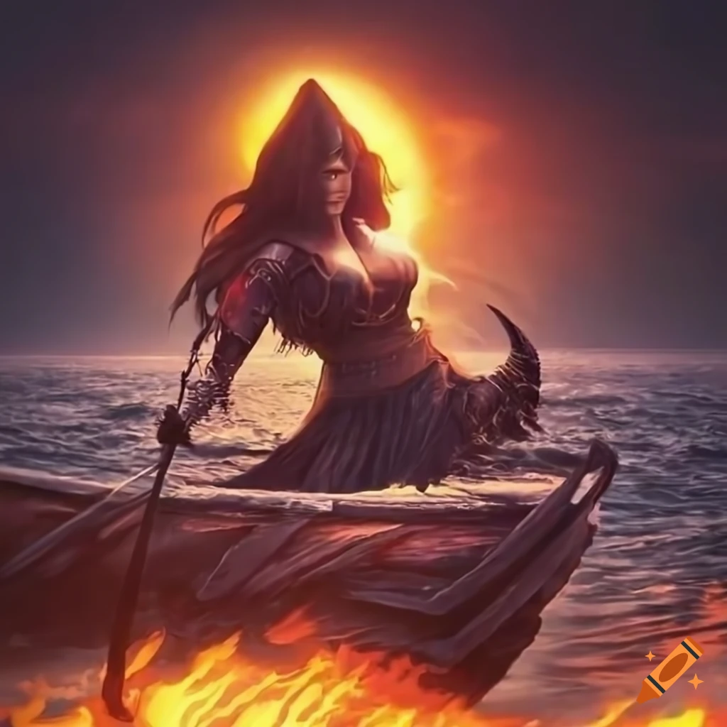 Woman warrior on a black drakkar with fiery waves in a fierce pose on ...