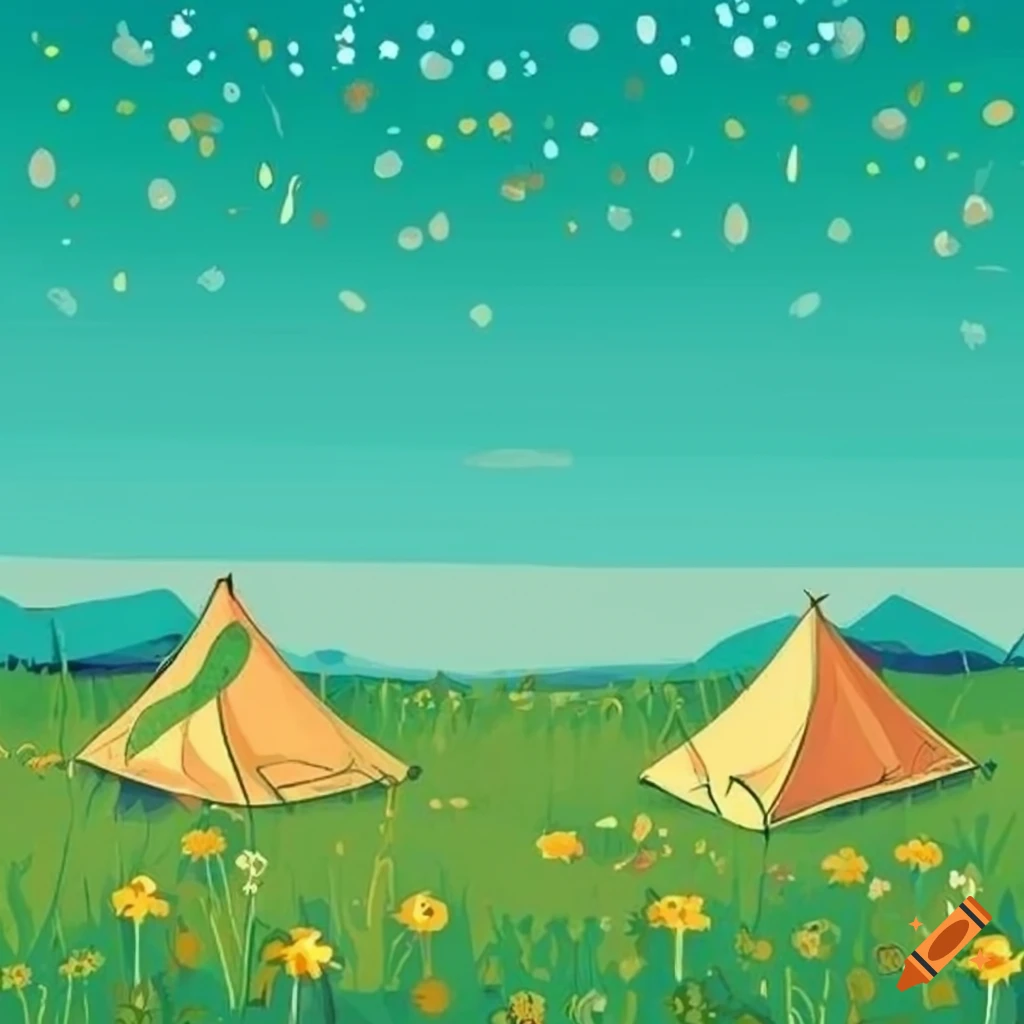 Open meadow with wild flowers and cartoon-style tents