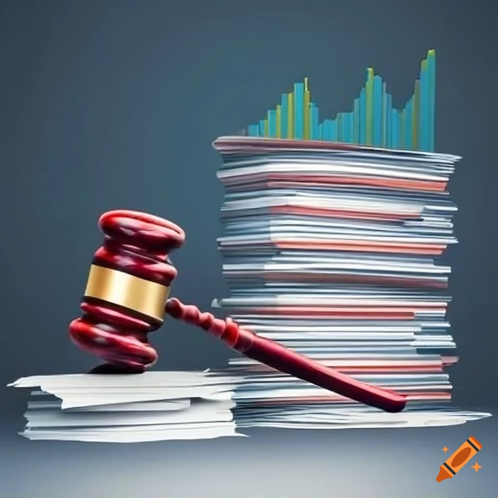 Gavel slamming on papers with statistics charts and scales of justice