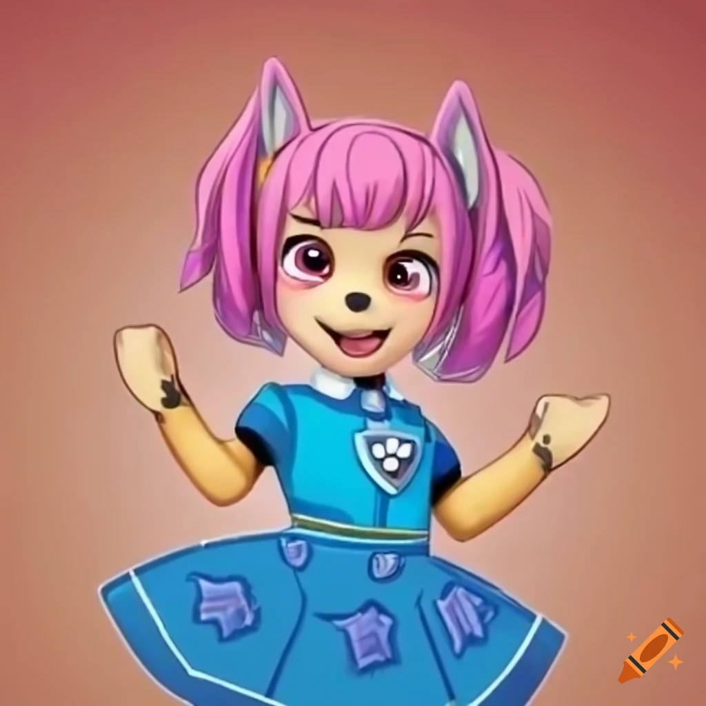 Cartoon German Shepherd with pink pigtails and skirt - Paw Patrol Chase