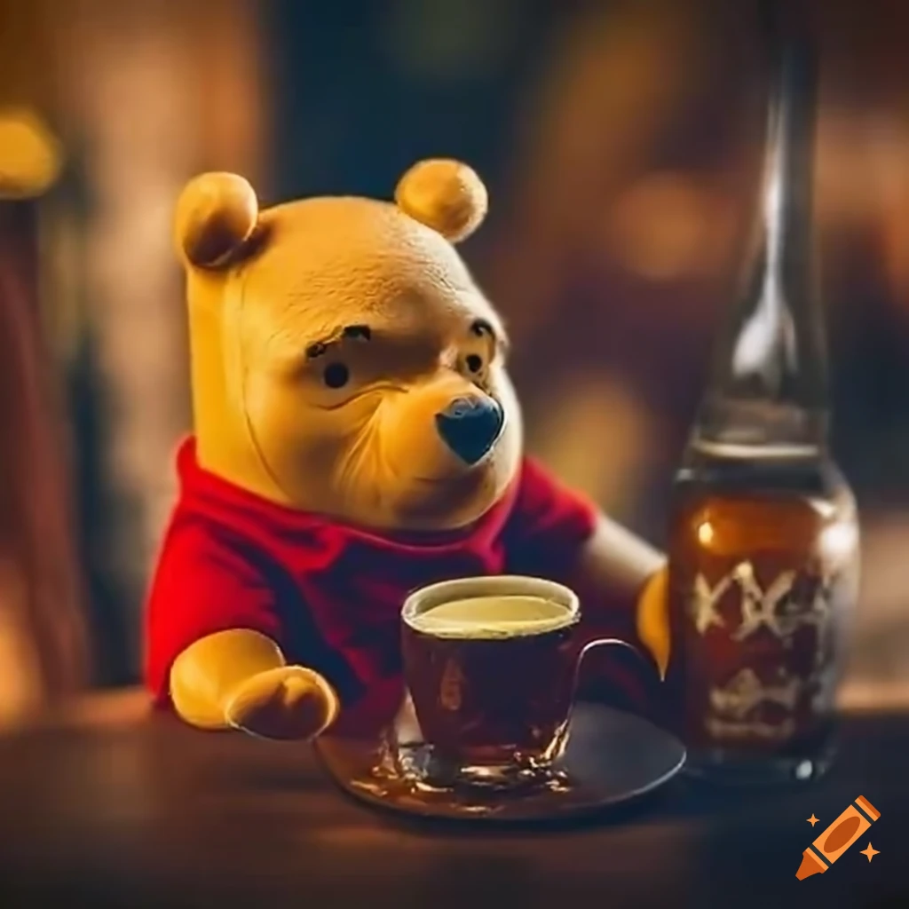 Depressed Winnie the Pooh with a beer in a pub