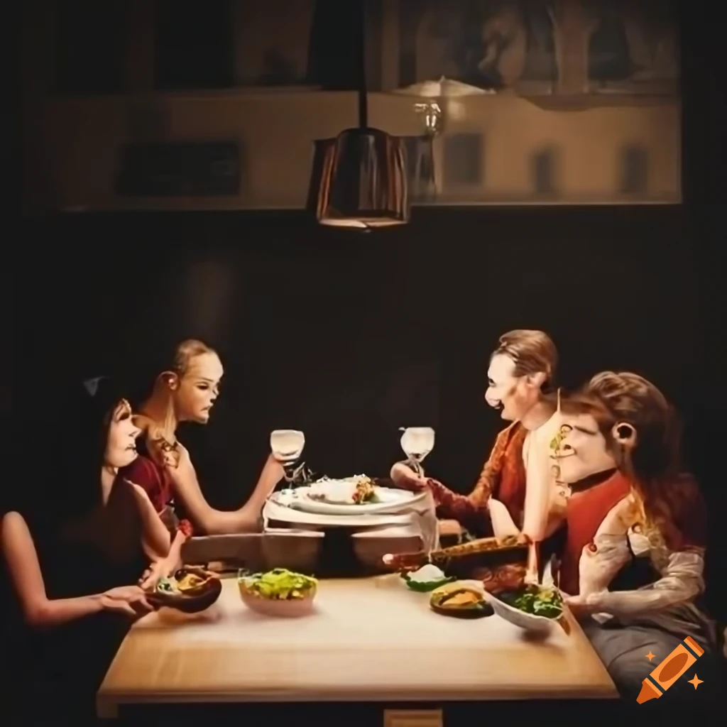 Characters sharing a midday meal on a humble table