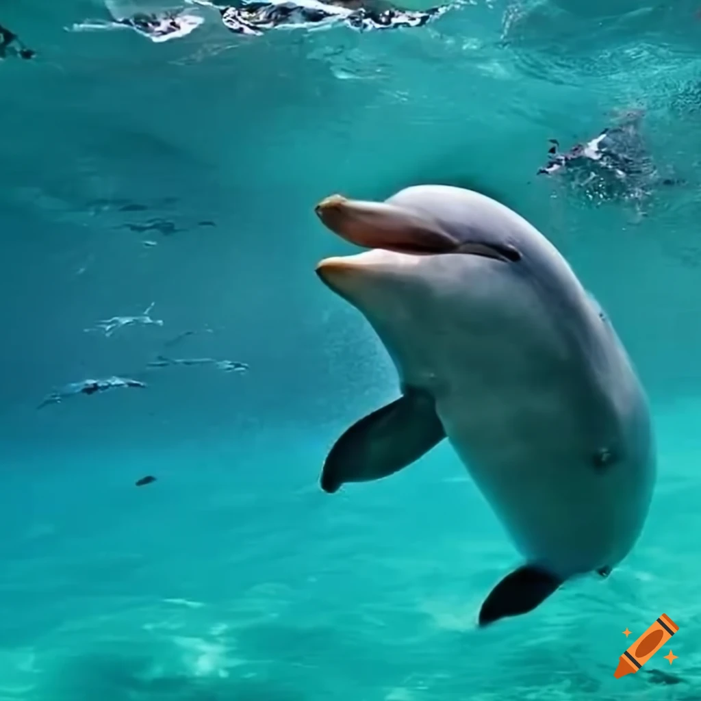 Miami beach with clear water and swimming dolphins