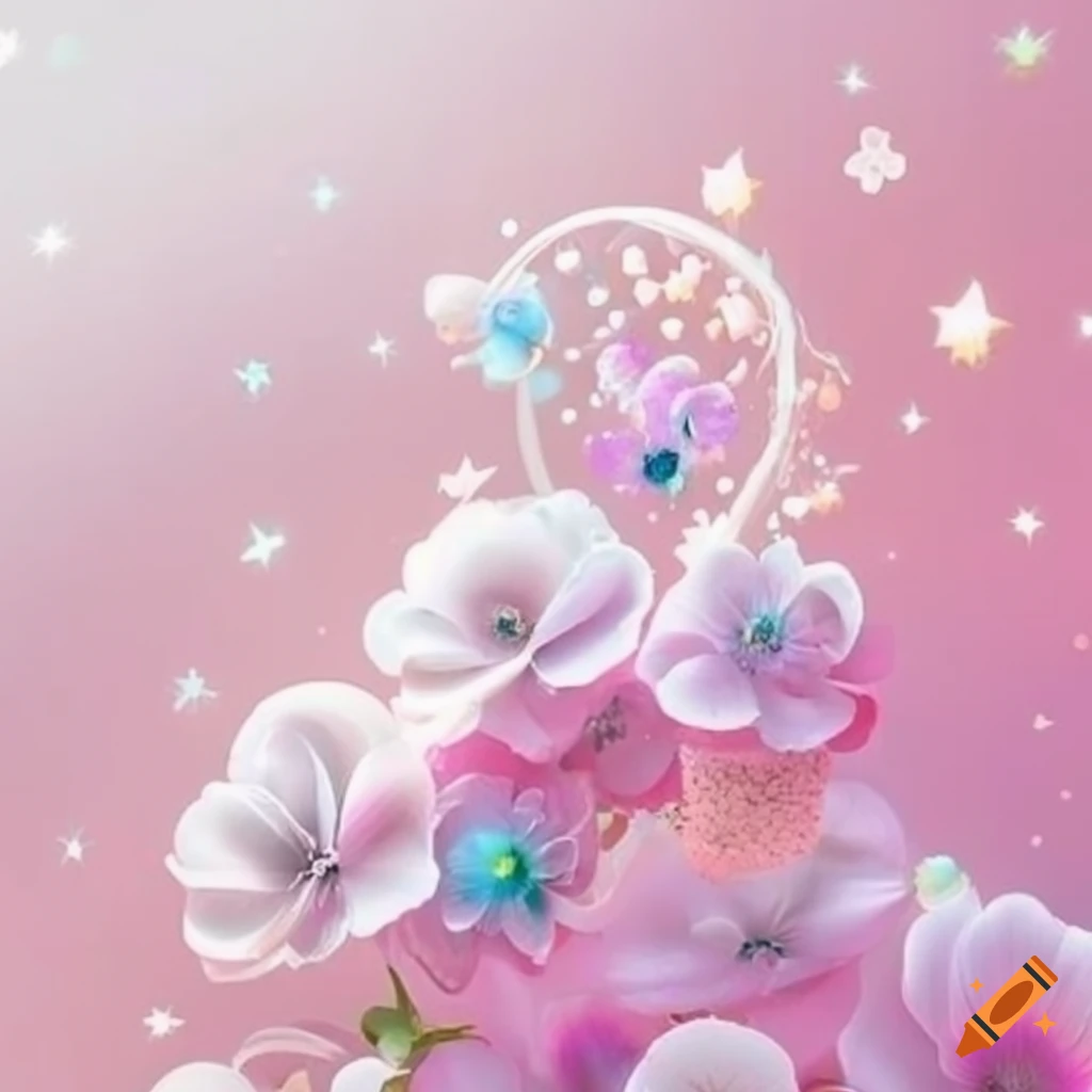 Elegant design with glitter, flowers, and magical gate in pastel colors