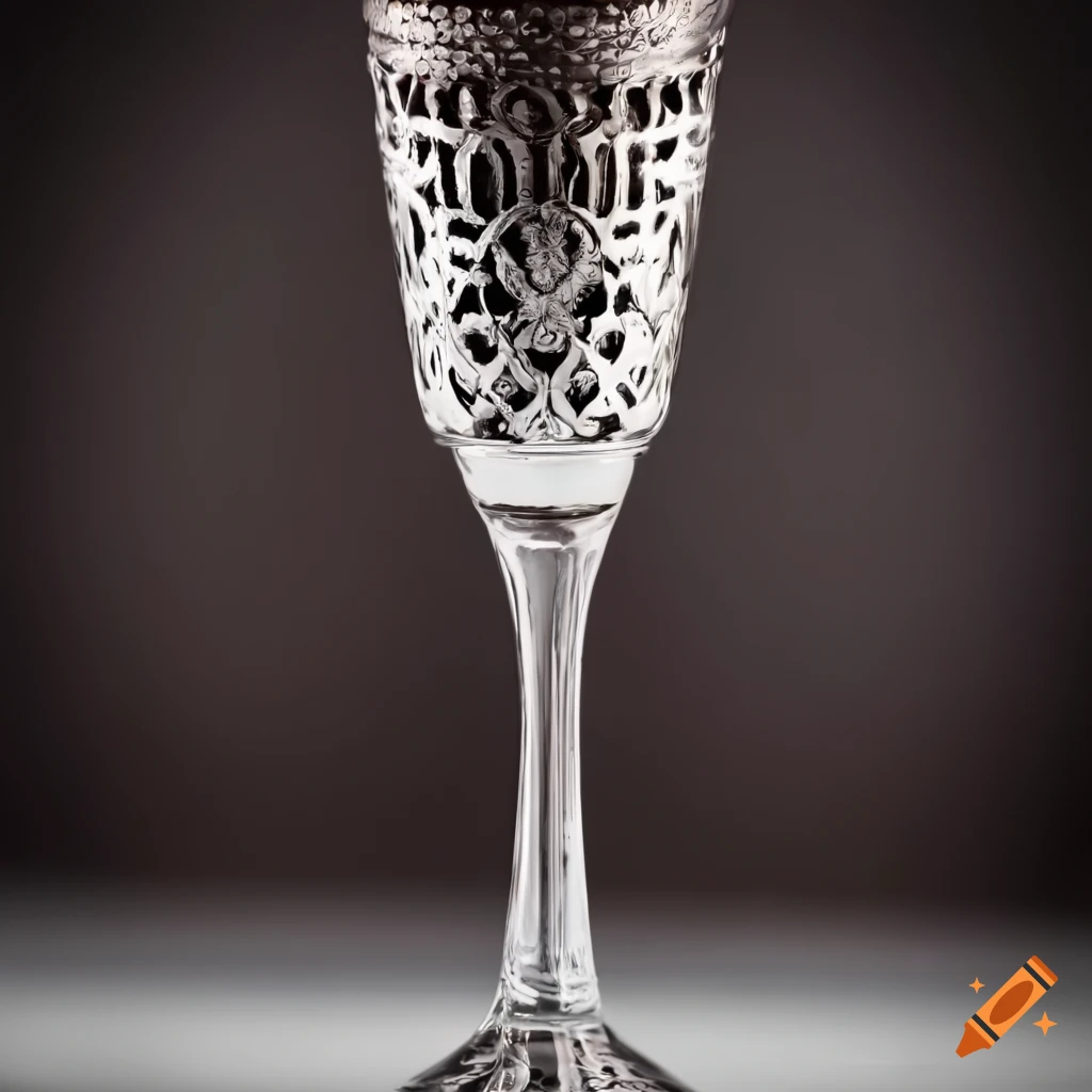 Art-deco shot glass of tequila with intricate designs on white background