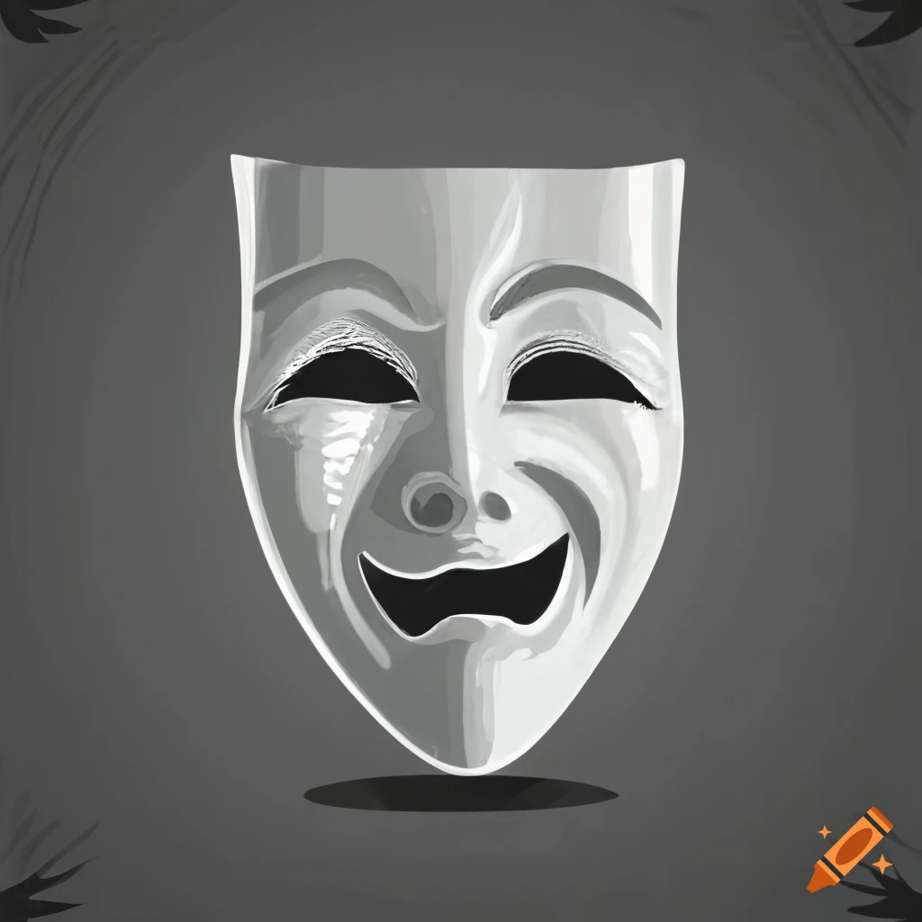 Dramatic white smiling theater mask on black background on craiyon