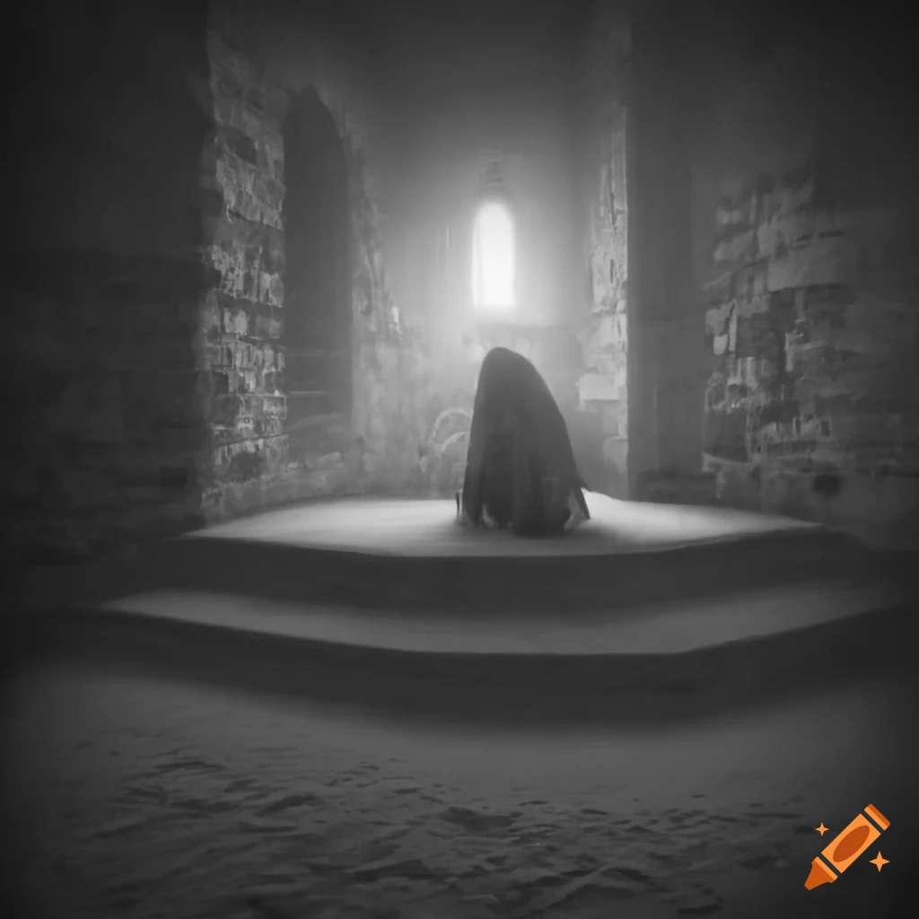 Melancholic god in a castle corner in grayscale