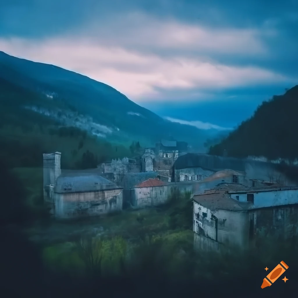 Landscape of the south of France with mountains, French town, and abandoned factory in wet green surroundings at dawn