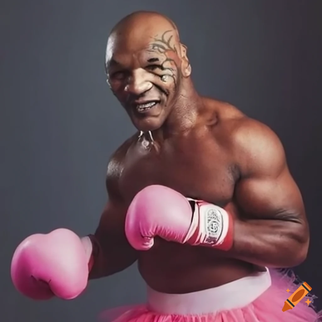 Mike Tyson wearing a pink tutu in the boxing ring