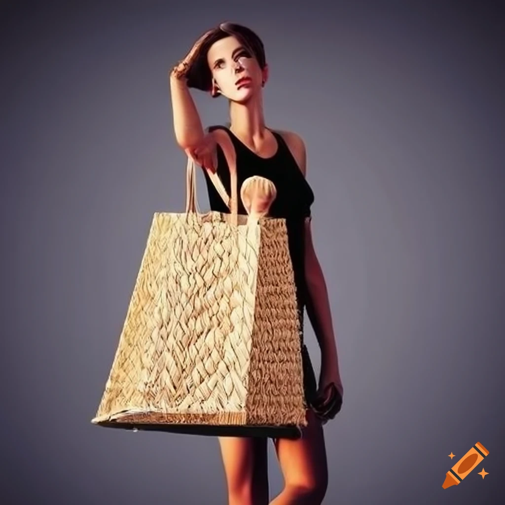 Woman carrying oversized straw shopping bag