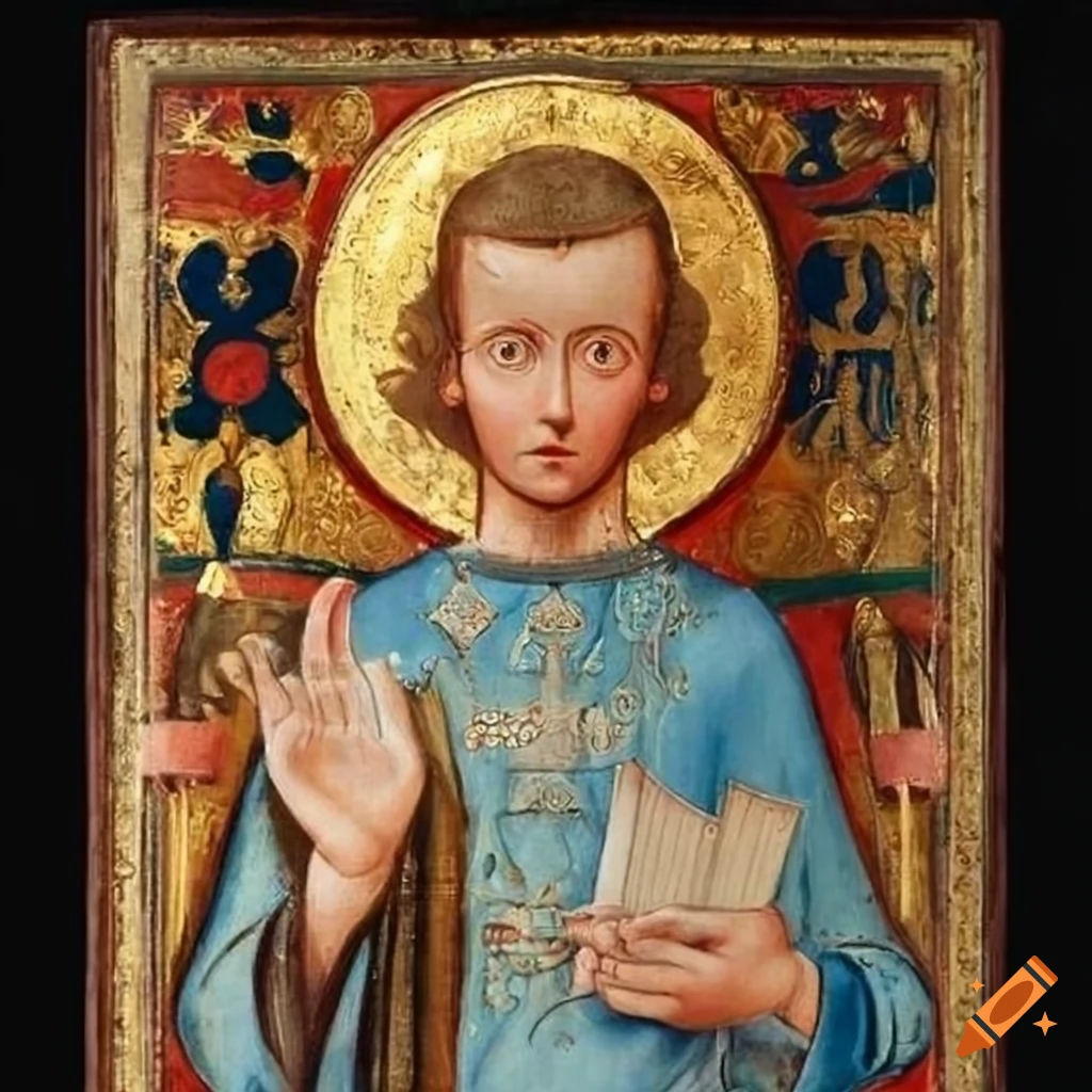 Medieval portrayal of Saint Sales with book and scales symbolizing ...