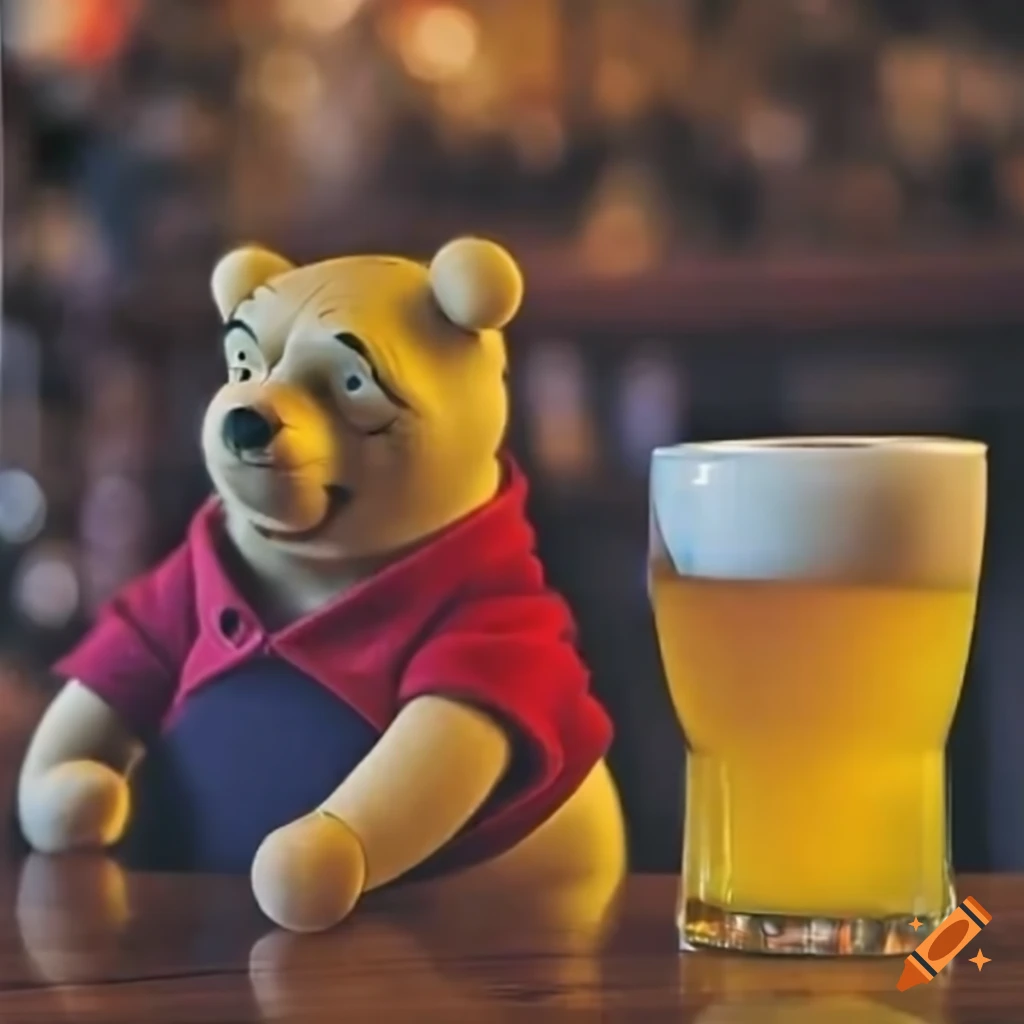 Depressed Winnie the Pooh in a pub with a cup of beer and a messy scene