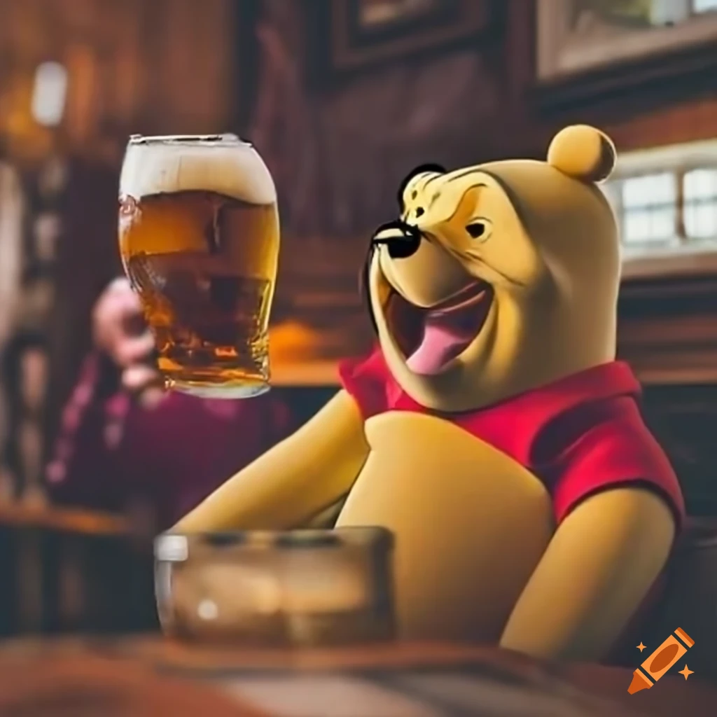 Cartoon character in a pub looking disheveled and drinking beer