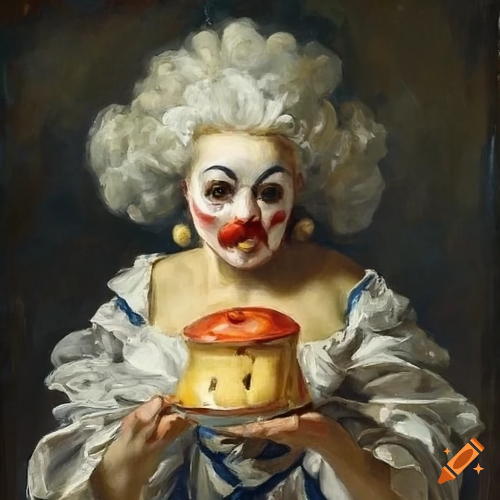 Baroque-styled woman with evil eyes and clown face holding a wobbly pudding in oil painting