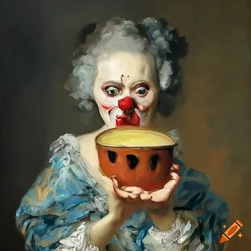 Baroque-styled woman with evil eyes and clown face holding a wobbly pudding in oil painting