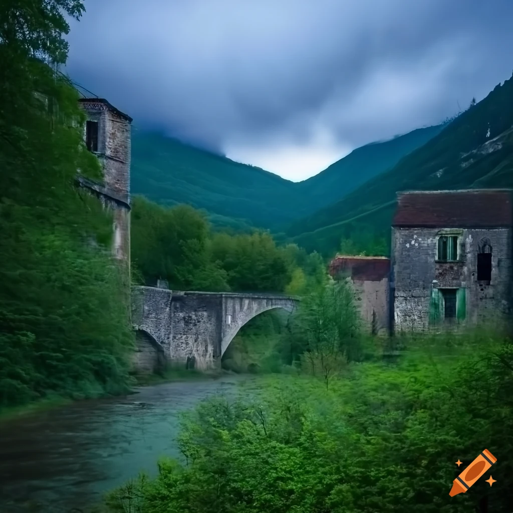 French landscape with valley, mountains, town, stone bridge, and abandoned factory