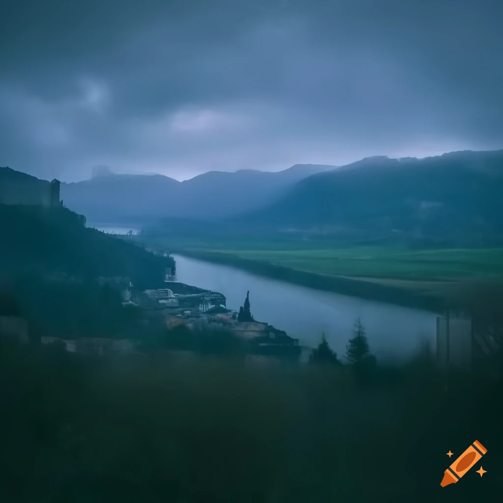 Landscape of the south of France with mountains, French town, and abandoned factory in wet green surroundings at dawn