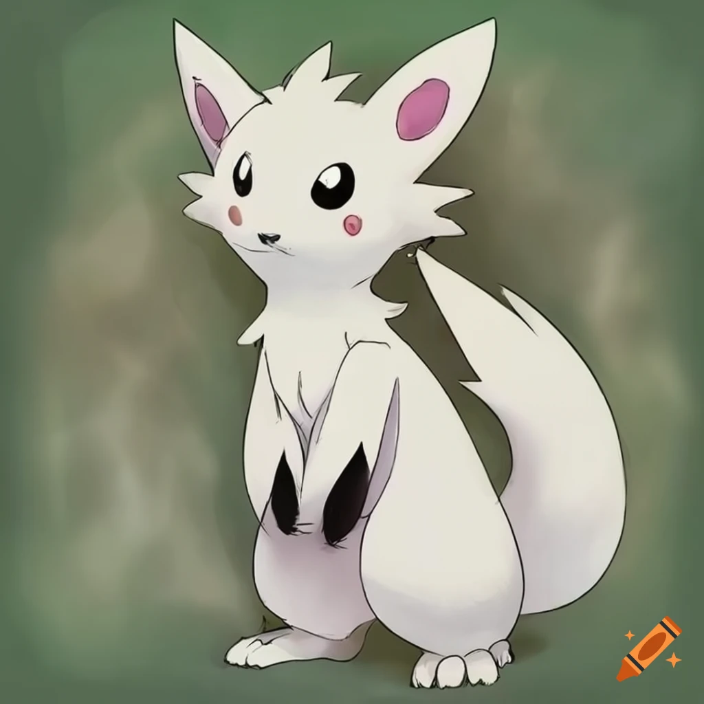 Artistic illustrations of a white fox Pokémon evolving through stages