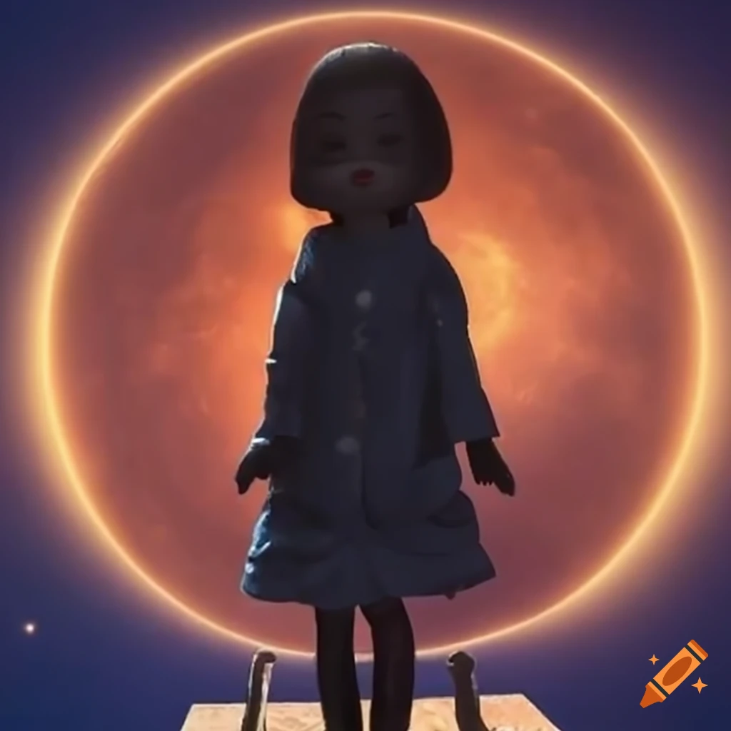 Dolls representing Earth, Sun, and Moon on a platform with buttons and a switch