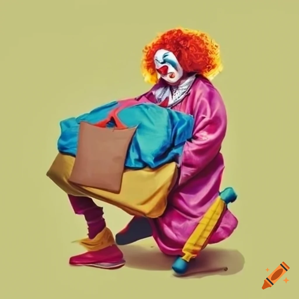 Sad clown with two tote bags