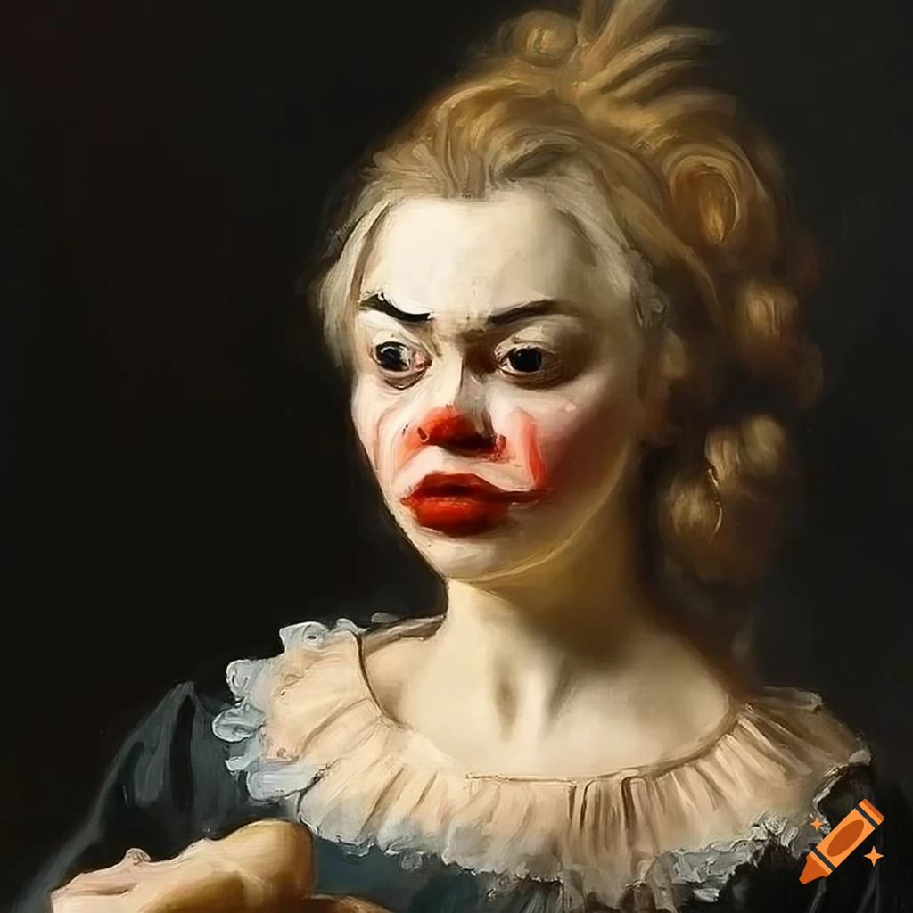 Baroque-styled woman with evil eyes and clown face holding a wobbly pudding in oil painting