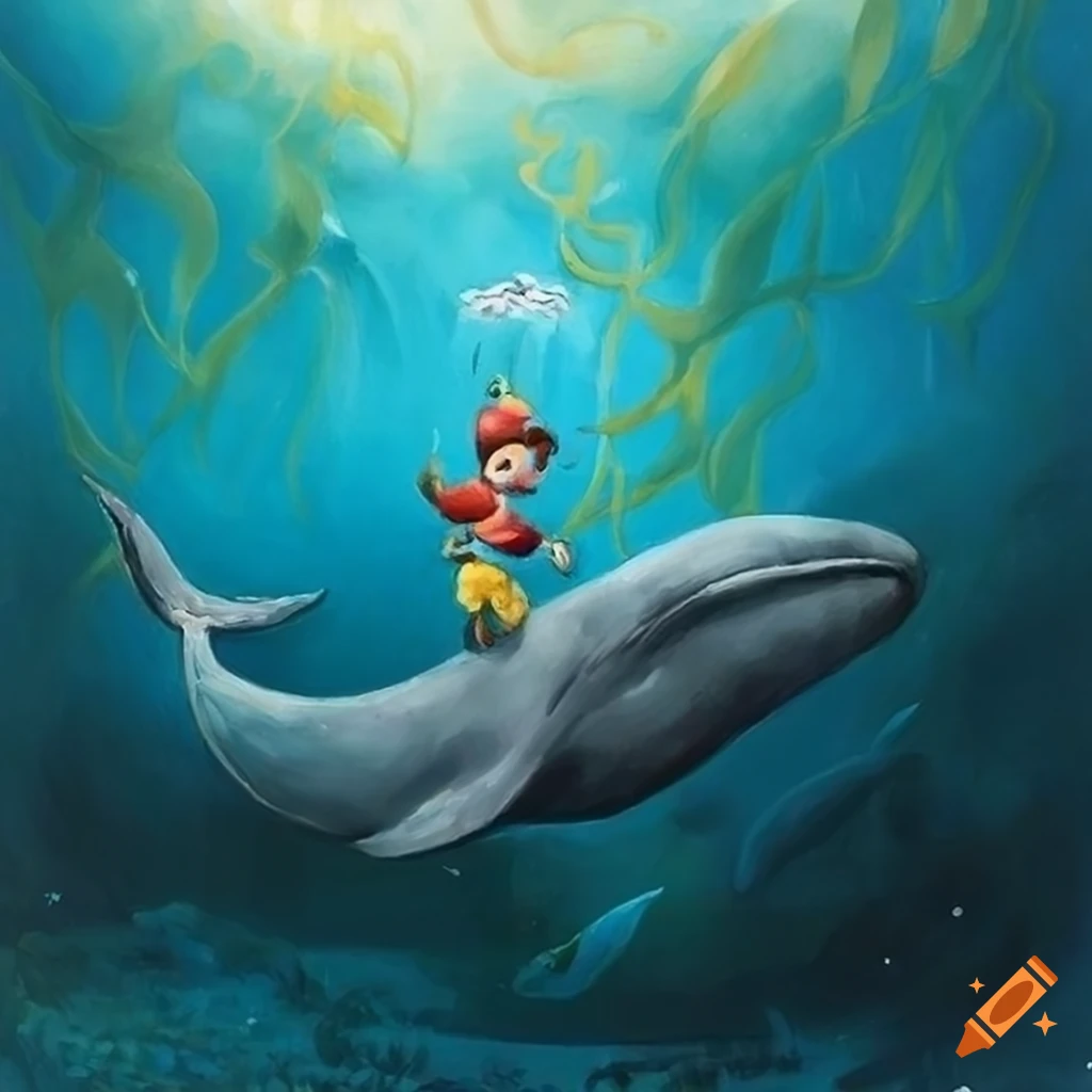 Pinocchio riding a whale in an underwater fantasy landscape