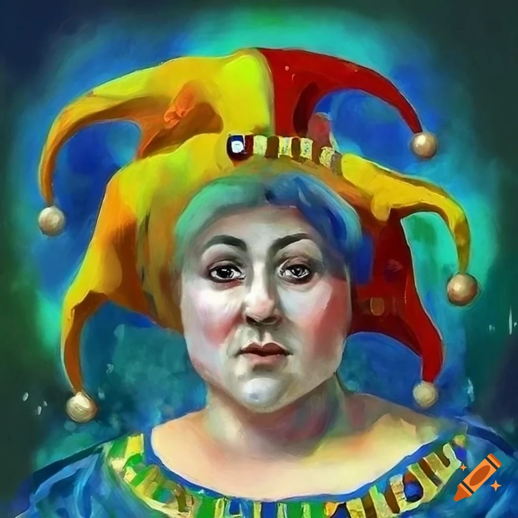 Gustav Klimt inspired plus-size jester in vibrant colors and glitter
